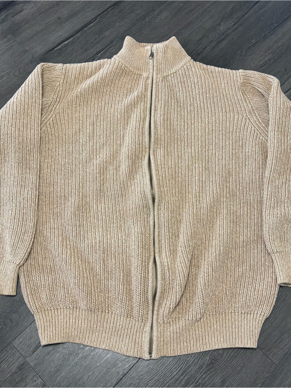LL Bean Sweater Ribbed Full Zip Size XL Tall Mock Neck Tan Cotton Chunky Knit